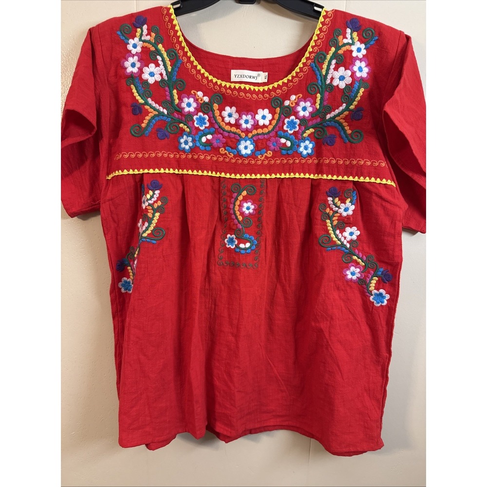 YZXDORWJ Baby Doll Top Womens XL Red Short Sleeve Embroidered Floral Artsy